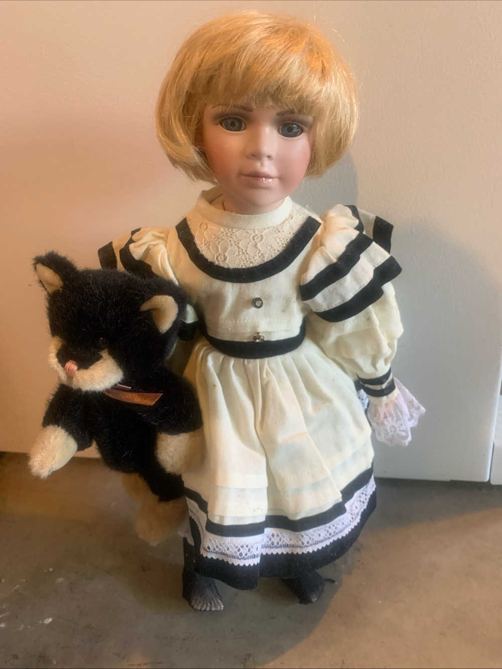Sheena Easton By SeymourClassic Porcelain Doll in Cream and Black with Plush Cat